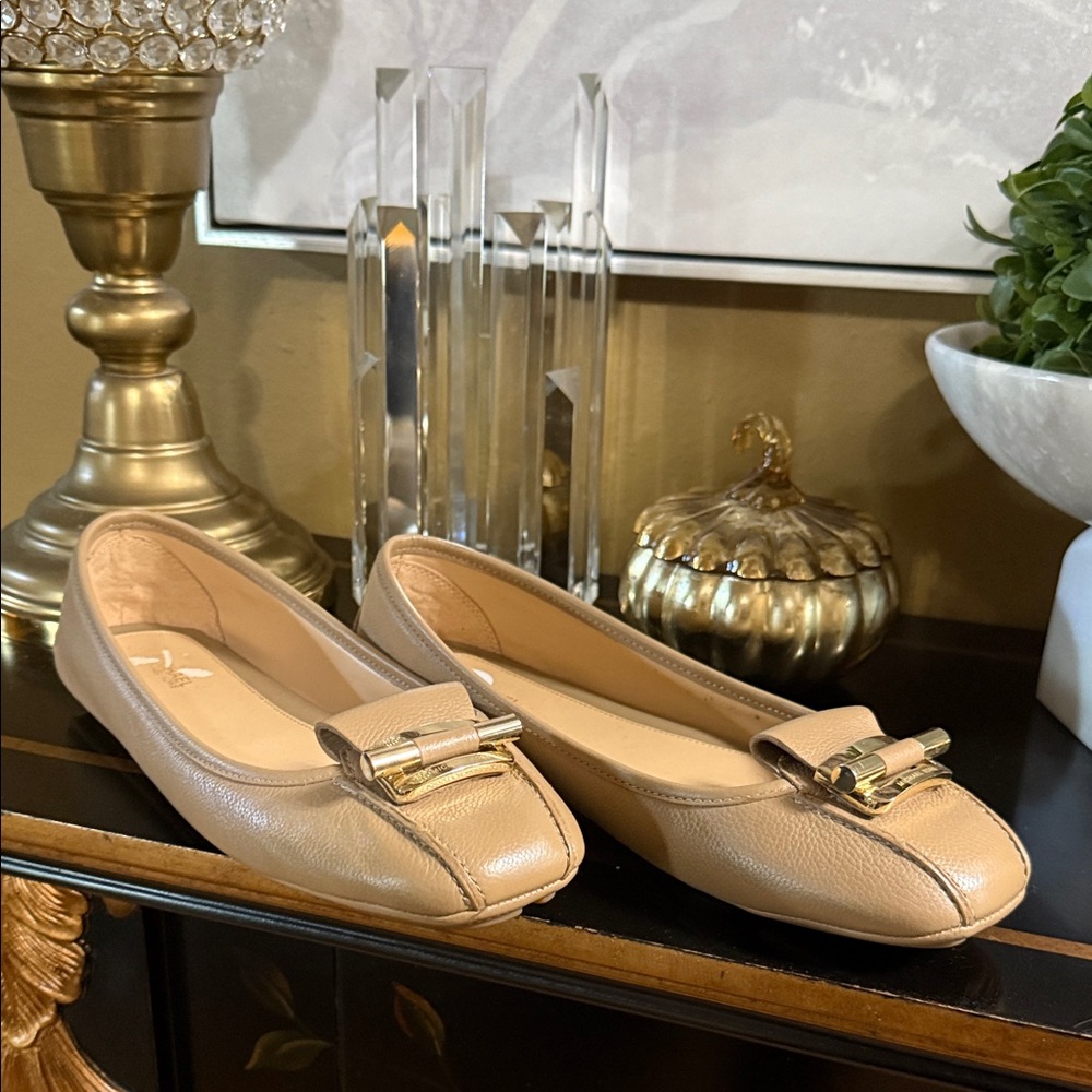 Michael Kors Beige Leather Ballet Flats with Gold Buckle